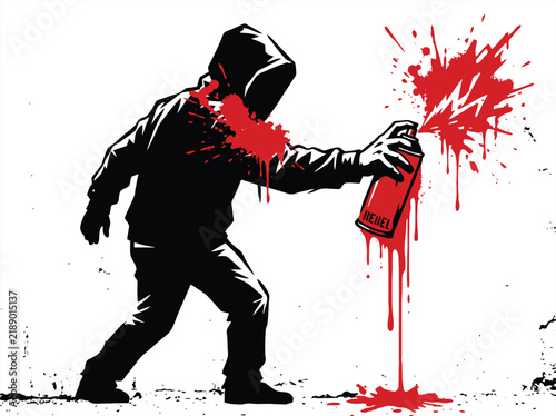 Bild auf Leinwand Urban graffiti artist silhouette with red spray paint, hooded street artist vect