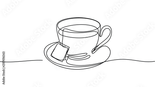 Minimalist continuous line drawing depicting a single tea cup resting upon a matching saucer with against white background