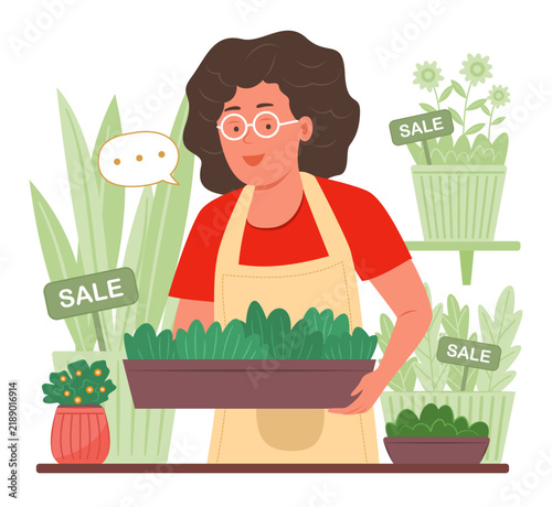 Plant Shop Owner Arranging the Potted Plants for Sale Inside Shop Booth for Shopkeeper and Retail Occupation Concept Illustration Clip Art