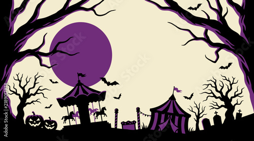Cuadro en lienzo Spooky Halloween amusement park with eerie circus tent, carousel, and creepy tre