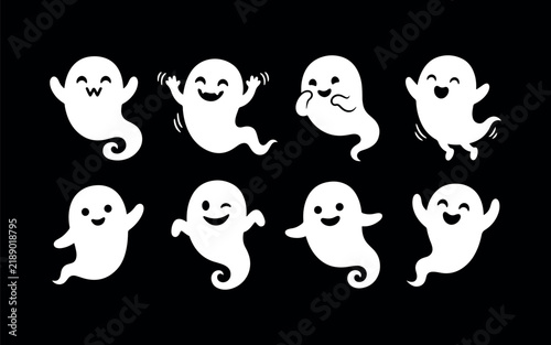 Fotografía Eight white ghost silhouettes display various cheerful expressions against a bla