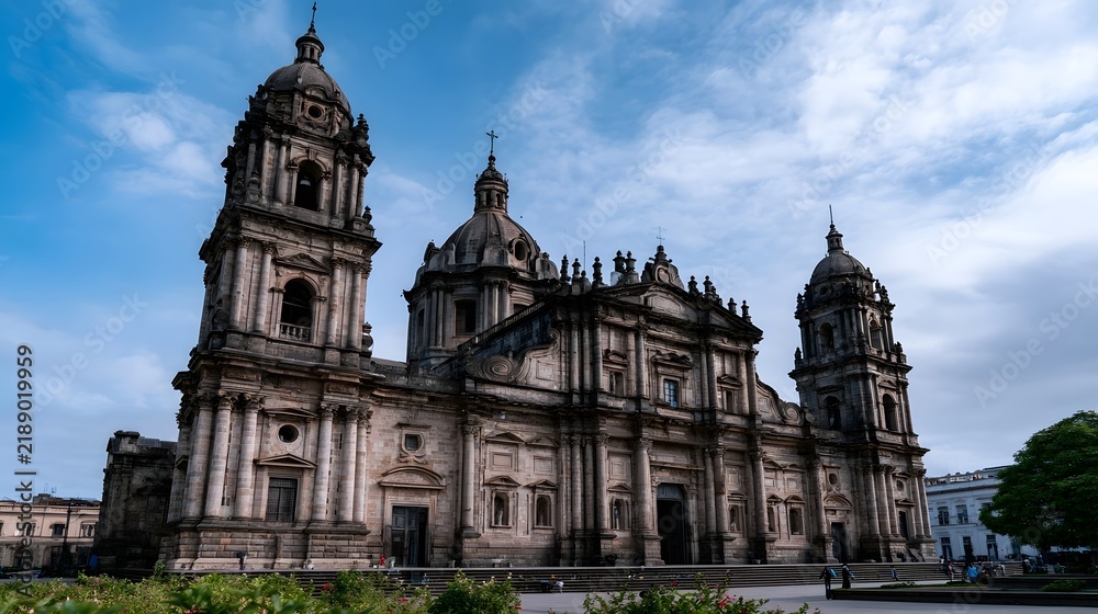 Obraz premium Grand stone cathedral with twin towers and domed roof under a partly cloudy sky surrounded by greenery and open plaza