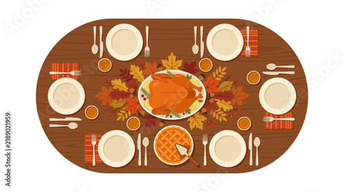 Thanksgiving Dinner Table Setting with Turkey and Pie