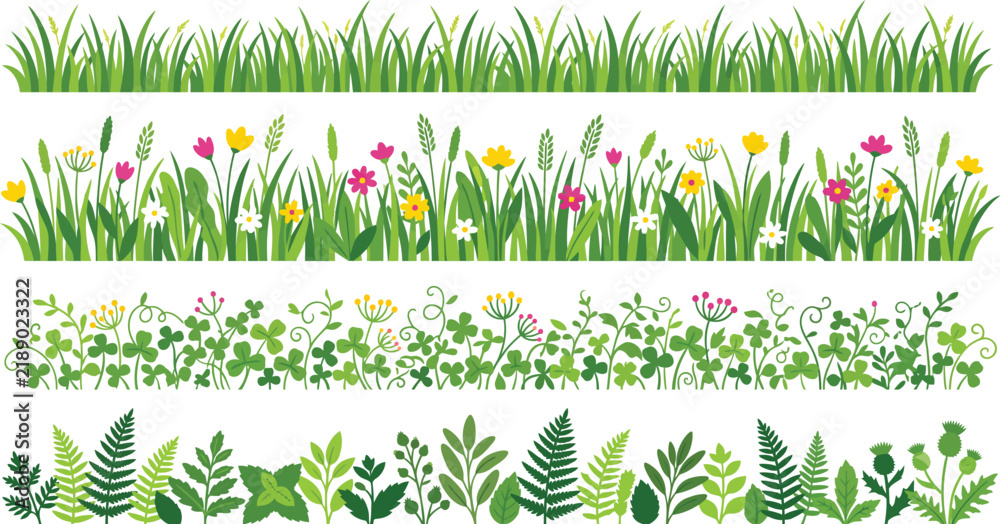 Obraz premium Green Botanical Garden Border Collection with Grass Flowers and Foliage
