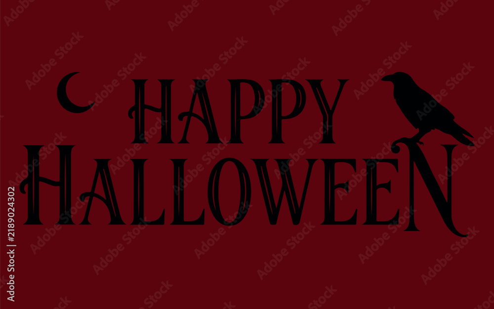 Obraz premium Happy Halloween minimal typography with raven silhouette and crescent moon vector illustration