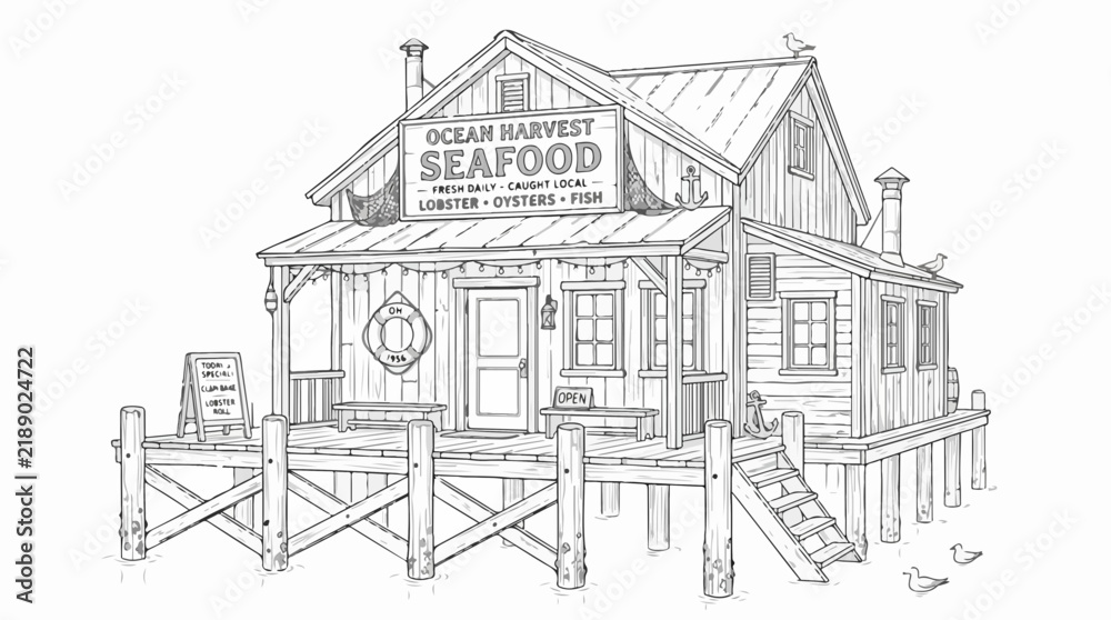 Naklejka premium Vintage coastal seafood shack restaurant on a wooden pier line art sketch