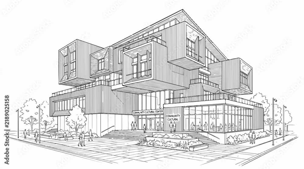 Fototapeta premium Architectural line drawing of a modern community cultural center sketch