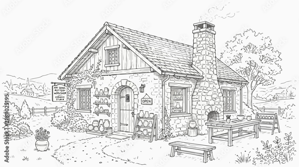 Obraz premium Hand drawn coloring page of a rustic pottery workshop ceramic studio