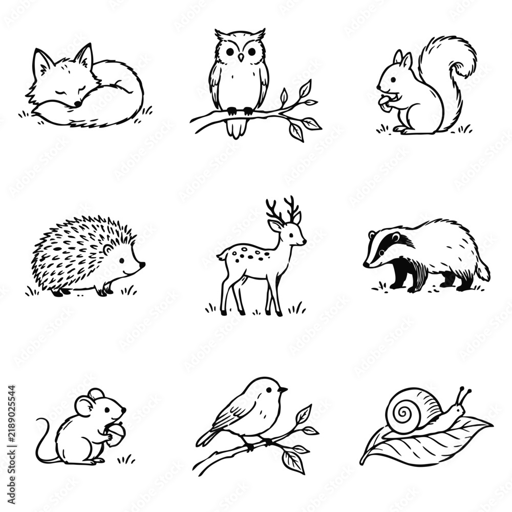 Obraz premium Cute forest animals doodle icon set featuring sleeping fox, owl, squirrel, hedgehog, deer, badger, mouse, bird, and snail.