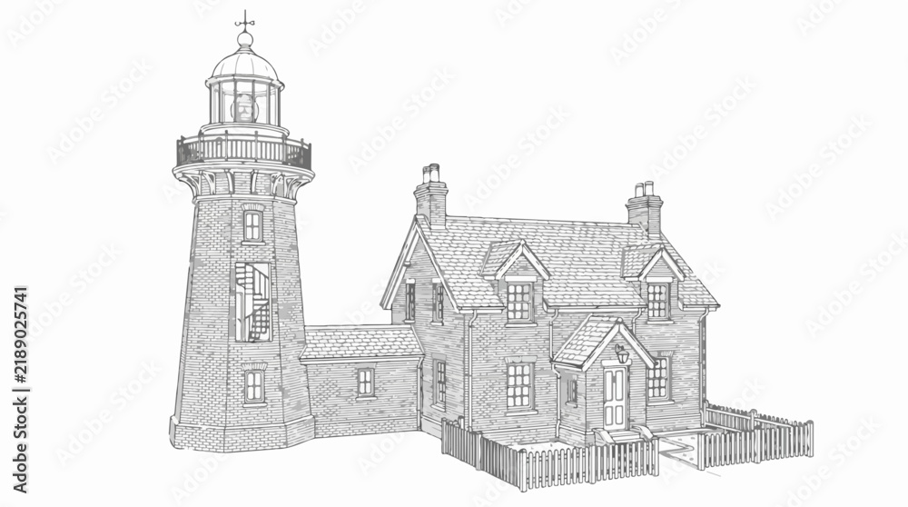 Obraz premium Lighthouse and Keeper's House Architectural Line Art Coloring Page