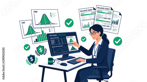 Vector illustration of a female financial analyst reviewing balance sheets and risk assessment models on a computer screen