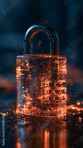 Glowing Molten Padlock Symbolizing Security and Strength with Vibrant Fire and Ember Effects on Dark Background