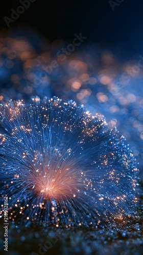 Luminescent blue and orange fiber optic cables shining with sparkling lights in a futuristic digital technology concept