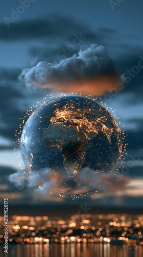 Global digital network connections and cloud computing over earth planet at night concept
