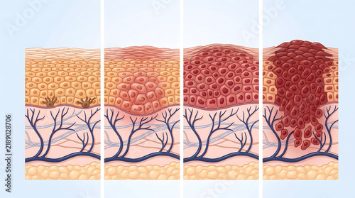Skin cancer progression stages illustrated in a medical diagram showing cellular mutation and blood vessel growth.