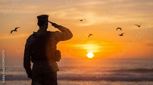 A silhouetted soldier in military uniform saluting against a vibrant golden sunset over the ocean with birds flying in the background.