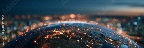 Worldwide cyber defense infrastructure luminous network connecting global cities concept