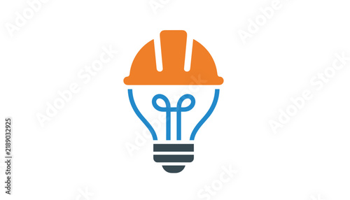 Business infographic icon of an orange safety construction helmet on a blue light bulb representing smart ideas.