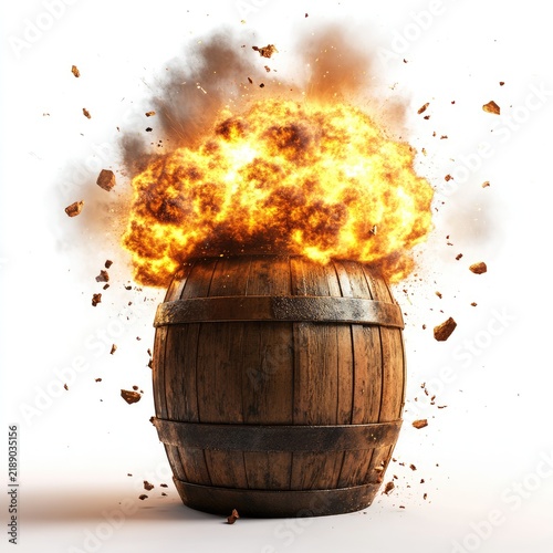 A wooden barrel is shown with an explosion occurring above it, emitting a large burst of flames and smoke