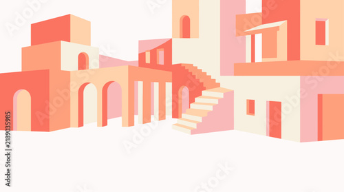 Flat design architectural complex with arches and stairs, warm color palette, graphic element