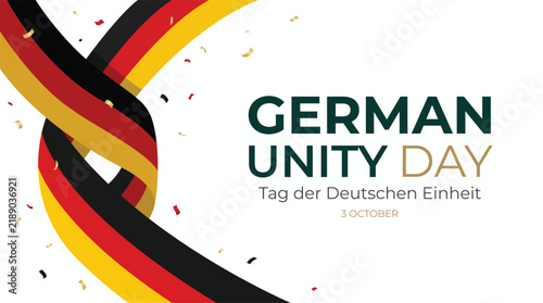 German Unity Day Celebration Banner Background Template with Flag Colors Ribbon and Festive Confetti