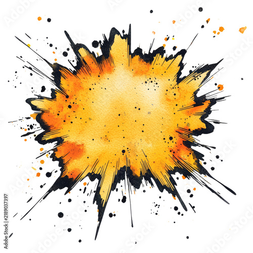 The image features a vibrant explosion graphic with a central burst of yellow and orange hues, accented by black outlines and splatters