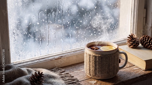 Steaming cup of herbal tea by a frosty window with winter snow falling