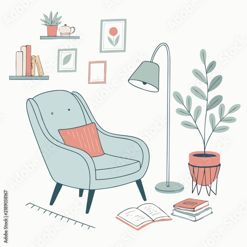Comfortable armchair and floor lamp creating inviting reading corner in modern room.