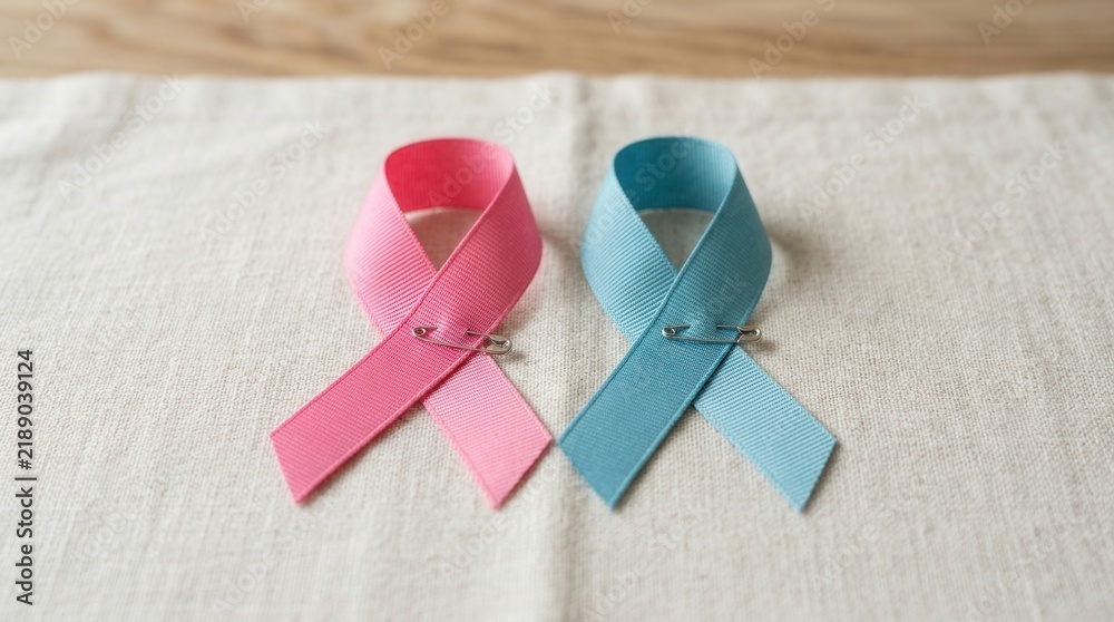 Fototapeta premium Pink And Blue Awareness Ribbons With Safety Pins Representing Support And Hope