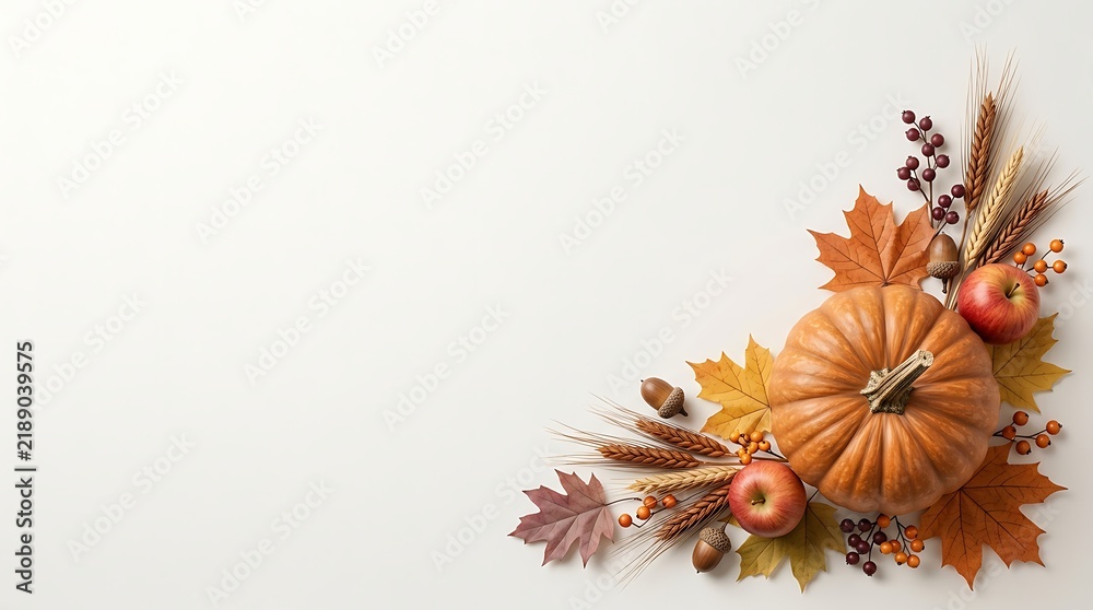 Fototapeta premium Autumnal Thanksgiving border with pumpkin, leaves, and fruits on white background