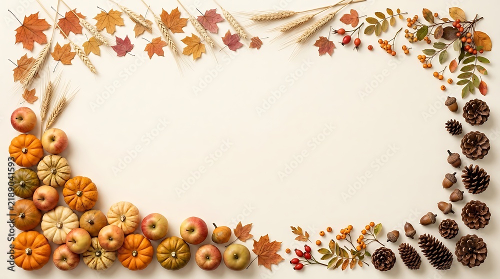Fototapeta premium Autumnal Thanksgiving border with pumpkins, apples, leaves, and pinecones on a beige background