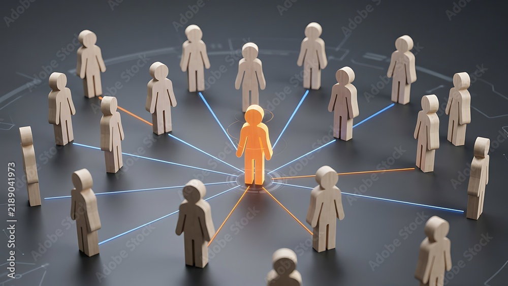 Obraz premium A 3D Render Illustration of a Central Leader Figure Connected to a Diverse Network of People Symbolizing Business Teamwork and Management
