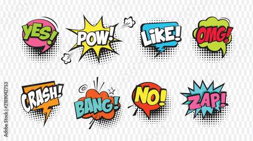 Foto Colorful comic speech bubbles with onomatopoeia words on transparent background