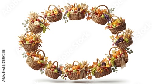 A festive wreath made of small rustic wicker baskets filled with autumn harvest vegetables and fall foliage