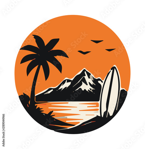 Photography Vintage Tropical Surfing Beach Sunset Emblem with Palm Tree and Mountains