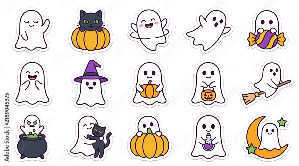 Obraz premium Cute Halloween 2026 kawaii ghost sticker pack vector illustration set featuring friendly ghosts with carved pumpkins, black cats, witch hats, magic potions, and candies isolated on a clean white backg