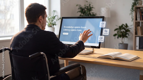 A man in a wheelchair using a computer with digital accessibility tools like audio, translation, and easy read features to promote education and literacy.