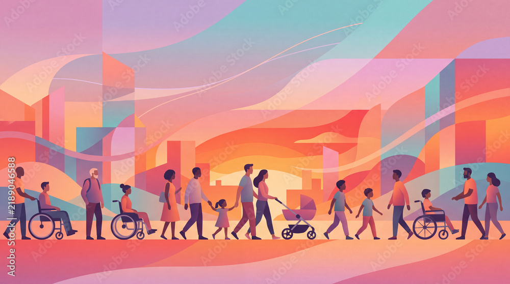 Fototapeta premium An abstract, colorful illustration depicting a diverse group of people, including individuals in wheelchairs, families, and children walking in a vibrant city.