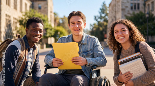 A portrait of a diverse group of three happy university students, including a young man in a wheelchair, holding folders and books on a sunny college campus.