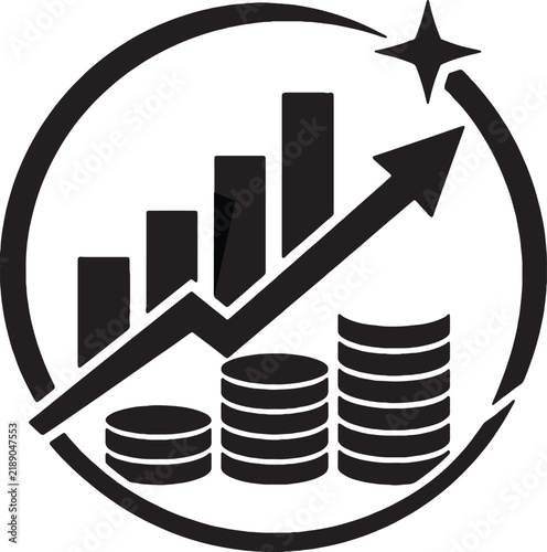 Growth chart with coins and upward arrow in circular frame
