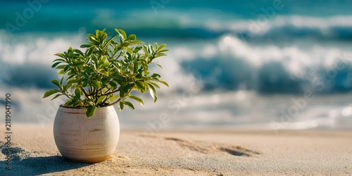 Small potted plant with lush green leaves stands on golden beach sand against blurred ocean waves