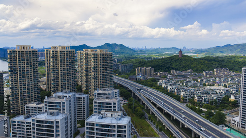 Canvas Print Elevated road and residential skyline in Xiaoshan, Hangzhou, China