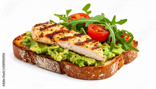 healthy sliced grilled chicken breast on toast with fresh cherry tomatoes