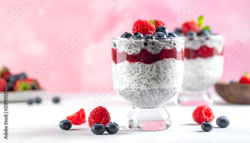 Strawberry and Blueberry Smoothie, Cheesecake and Mousse with Fresh Berries, Cream and Yogurt for a Delicious Healthy Dessert or Breakfast