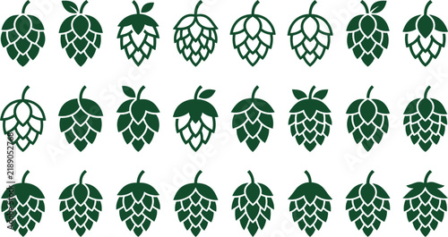 Green Hop Cone Silhouettes Collection Botanical Beer Ingredient Vector Illustration Set