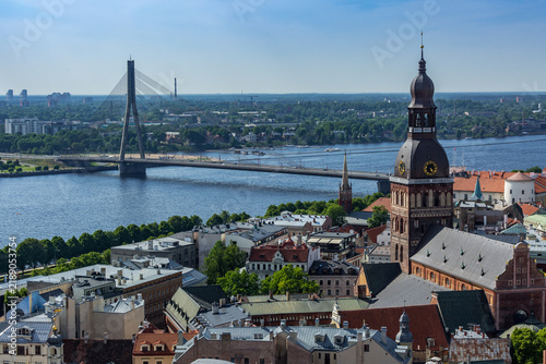 Historic Old Town Riga Latvia Overlooking Daugava River and Bridge