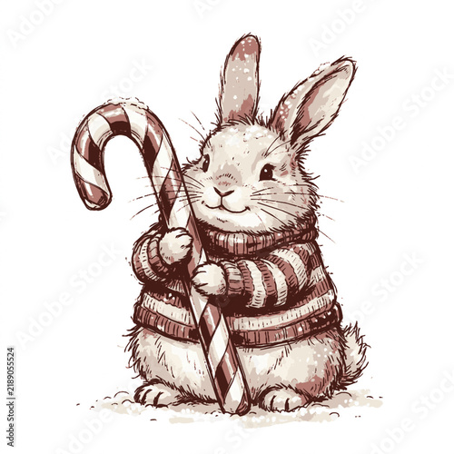 A fluffy rabbit wearing a striped sweater holding a candy cane against a white background with sweater stands upright while holding large