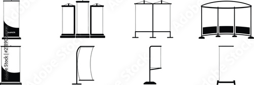 Fotografie Retractable Banner Stands, Display Stands, Trade Show Booth Elements, Roll Up Signage Vector Set for exhibitions, marketing, and promotional events