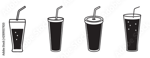  glasses of soda with straws in various styles and fullness levels on white background