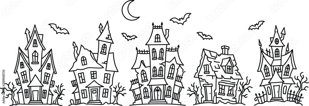 Fototapeta premium Set of five hand drawn haunted house silhouettes for Halloween design